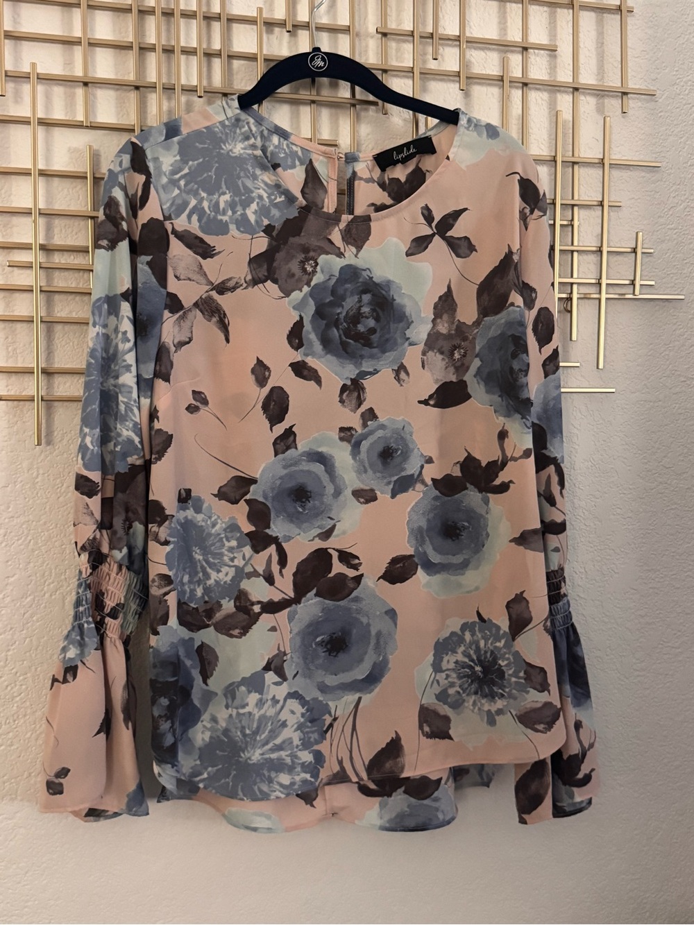 Light Pink Floral Long-Sleeve Blouse with Blue Accents